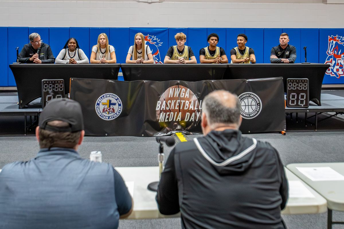 Calhoun players and coaches on the Media Day 2025 interview stage