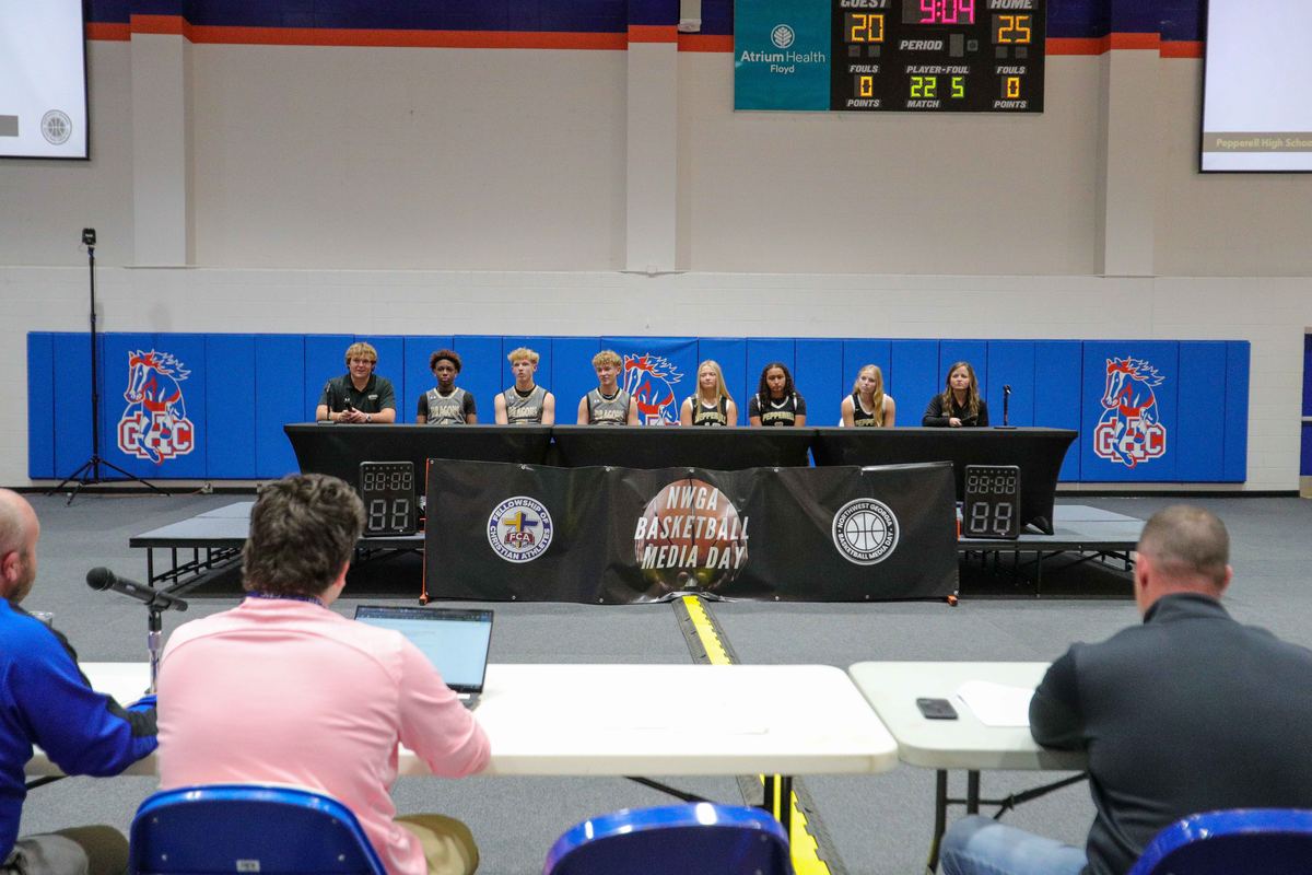 Pepperell players and coaches on the Media Day 2025 interview stage